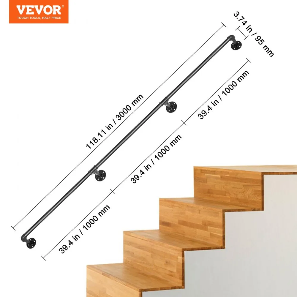 VEVOR Balustrade Trap Pijp Trapleuning 3 m Leuningen Trappen Binnen Zwarte Outdoor Indoor Universele Trapleuning Gemaakt van Koo